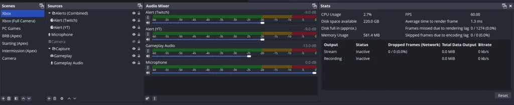 A screenshot of OBS, showing scenes, sources, audio mixer, and stats panes.