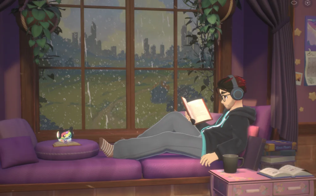 A screenshot from Lofi Sessions, showing Ozject's avatar reading a book, sitting at a bay window on a rainy day.