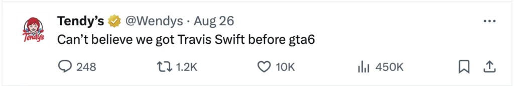 A screenshot of a Wendy's tweet (though this is when they renamed to Tendy's), that says "Can't believe we got Travis Swift before gta6."