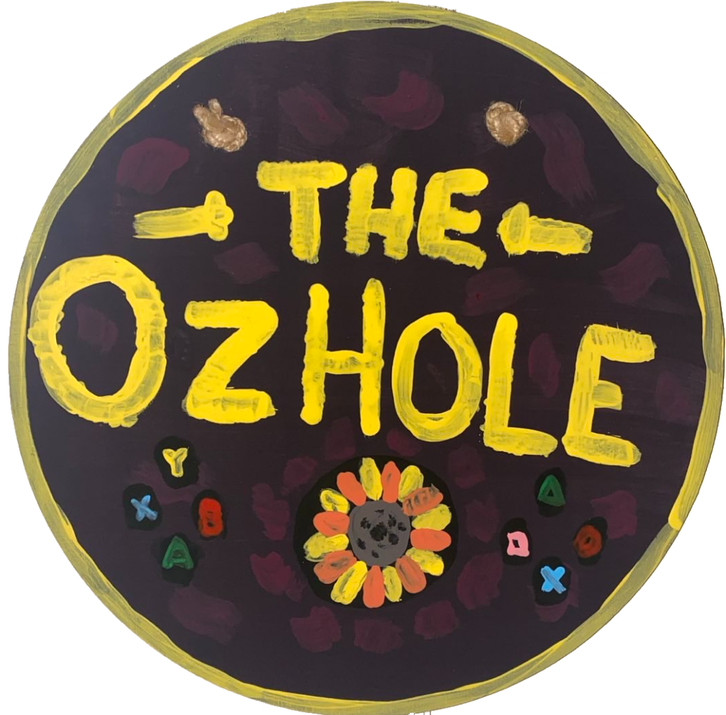 A painting of the OzHole with a sunflower and Xbox and PlayStation buttons.