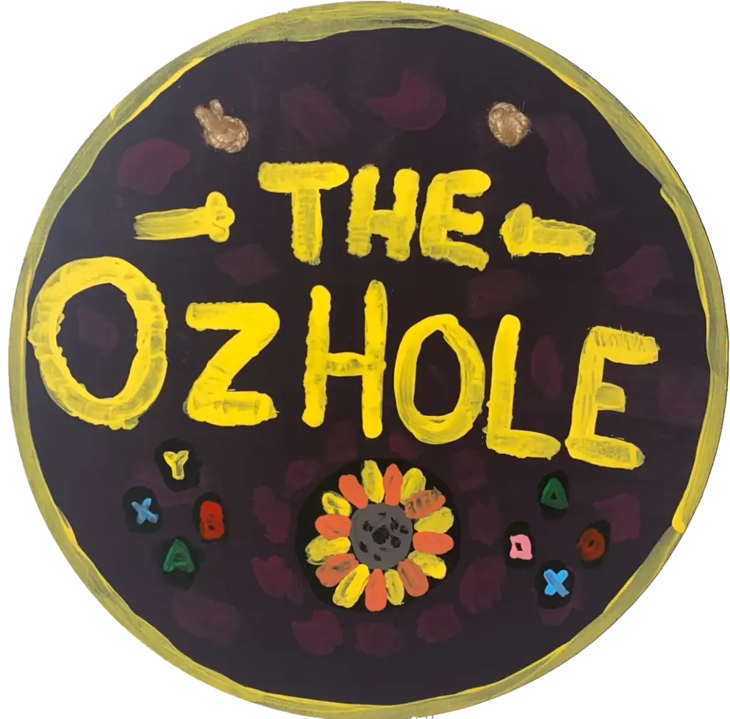 A painting of the OzHole with a sunflower and Xbox and PlayStation buttons.