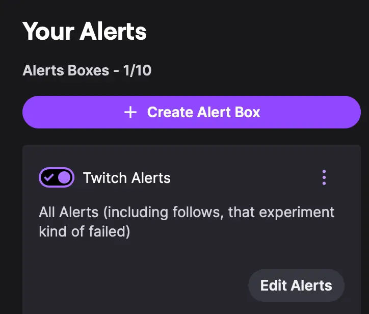 A snapshot of the Your Alerts page in Twitch.