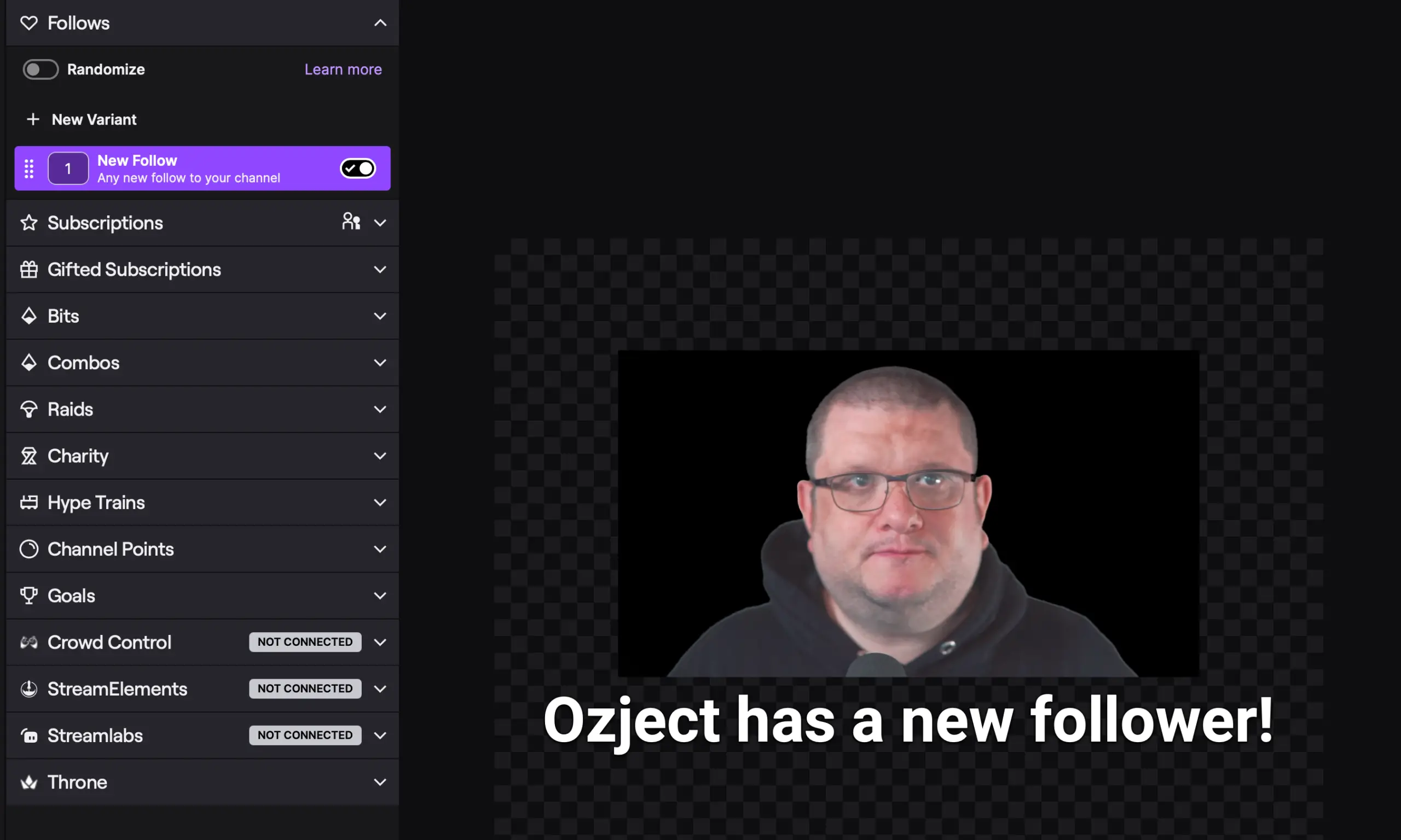 A snapshot of the list of variants (or events) Twitch offers for its alerts. New Follow is highlighted, along with an image of Ozject and the text "Ozject has a new follower!"