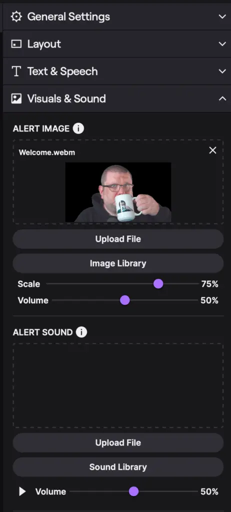 A snapshot of the Visuals & Sound category for the alerts on Twitch, featuring another image of Ozject drinking from an OzMug