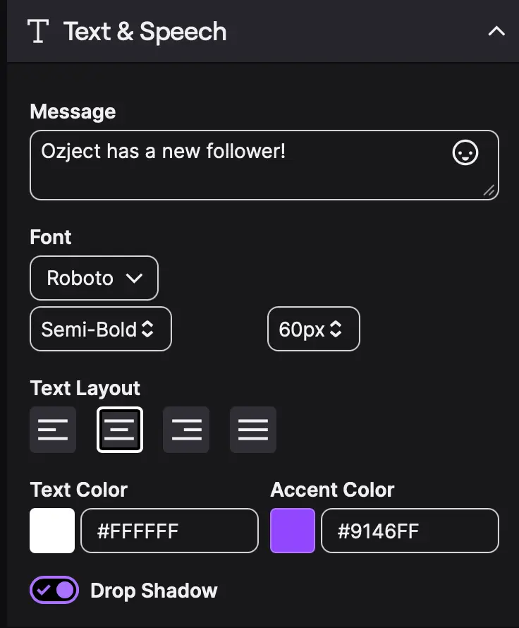 A snapshot of the Text & Speed category in the Twitch follow alerts.